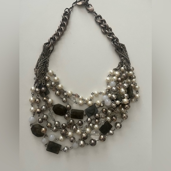 Stella & Dot Faux Pearl Gray Stone Multi Strand Silver Tone Chain Bib Necklace - Picture 3 of 4